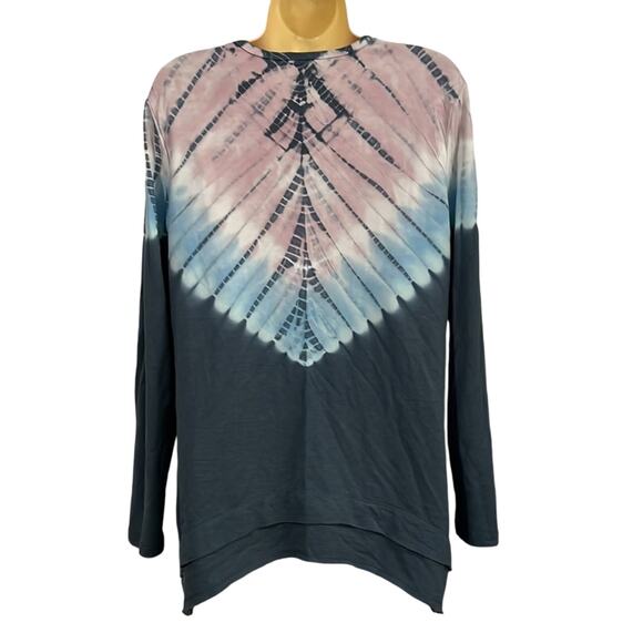 Green Tea Blue & Pink Tie Dye Knit Tunic Top Woman Size Medium V-Neck - Picture 3 of 9